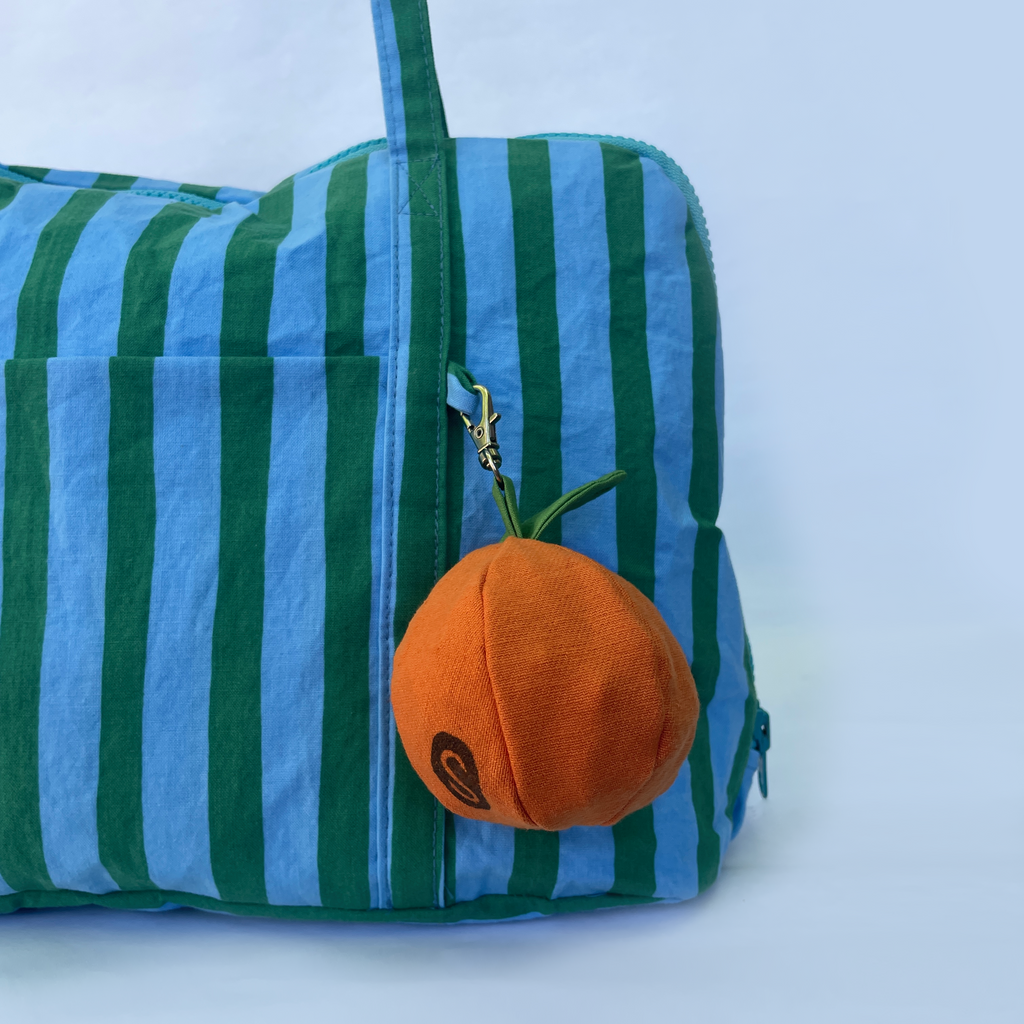 Blue and green striped bag with an orange charm on a white background